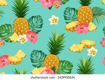 Pineapple seamless pattern whloe and slice with tropical flower and leaves on green background. Summer background. Ananas fruits vector illustration.