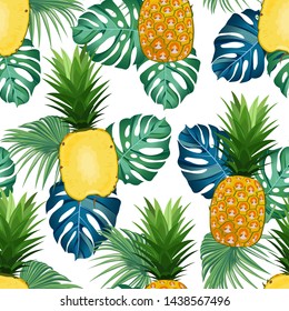 Pineapple seamless pattern whole and in longitudinal section with tropical leaves on white background. Summer background. Ananas fruits vector illustration.