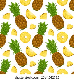 Pineapple seamless pattern. Whole pineapple, sliced fruit, pineapple rings. Hand drawn vector exotic ornament on white background. Fruity backdrop. Graphic print