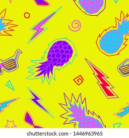 Pineapple seamless pattern. Zine Culture. Neon bright colored pattern. Vector illustration background. For print, textile, web, home decor, fashion, surface, graphic design