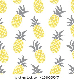 Pineapple seamless vector gray-yellow pattern, colors 2021. Stylized pineapples on a white background. Tropical backdrop is great for fabric, packaging, wallpaper, invitations.