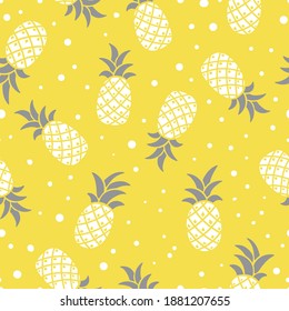 Pineapple seamless vector gray-yellow pattern, colors of 2021. Stylized pineapples on a yellow background with white dots. Tropical backdrop is great for fabric, packaging, wallpaper, invitations.