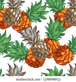 Pineapple. Seamless vector pattern of tropical fruits on a white background. Manual linear drawing.
