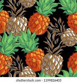 Pineapple. Seamless vector pattern of tropical fruits on a black background. Manual linear drawing.