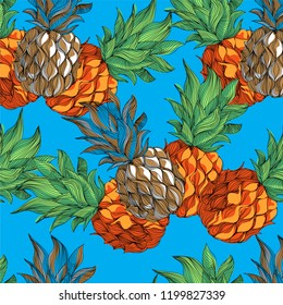 Pineapple. Seamless vector pattern of tropical fruits on a blue background. Manual linear drawing.