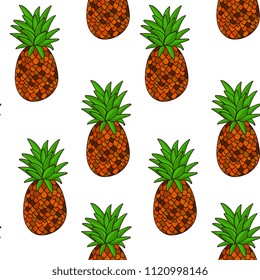 Pineapple seamless vector pattern with white stroke
