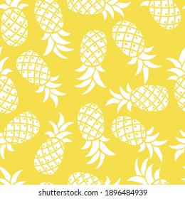 Pineapple seamless vector yellow pattern, color 2021. Stylized pineapples on a white background. Tropical backdrop is great for fabric, packaging, wallpaper, invitations.