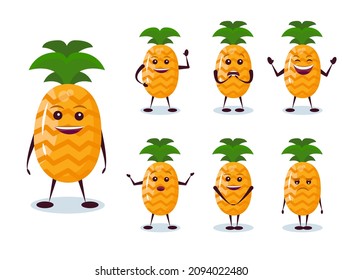Pineapple set - character and emotion. Anthropomorphic hero. Vector illustration in cartoon style.