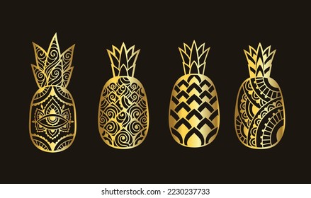 Pineapple set golden. Vector illustration. Doodle coloring book page zen art. Fruit, tropic, ananas, summer.