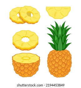 Pineapple set. Pineapple half, slices and whole fruit isolated on white background. flat style