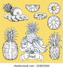 pineapple set, hand drawn, Vector pineapple fruit black sketch icon