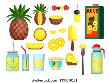 Pineapple set illustration. Pineappe, cocktails and fresh juice on white bacground. Food concept. Vector illustration can be used for topics like beach, resort, vacation
