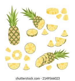 Pineapple set. Pineapple, piece, bit, round. Cut pineapple. Flat. Isolated vector illustration eps