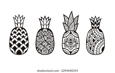 Pineapple set. Vector illustration. Doodle coloring book page zen art. Fruit, tropic, ananas, summer.