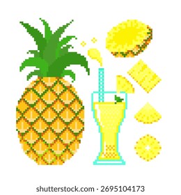 Pineapple set vector with sliced and juice in pixel game on white background.