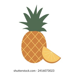 Pineapple set. Whole pineapple and slice isolated on a white background. Vector illustration of tropical fruit in cartoon flat style.