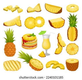 Pineapple set. Whole and sliced tropical fruit, juice and sandwich cartoon vector illustration