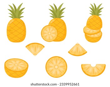 Pineapple set. Whole pineapple and slices isolated on a white background. Pineapple colorful icon. Summer fruits for healthy lifestyle. Organic fruit. Cartoon style. Vector illustration.