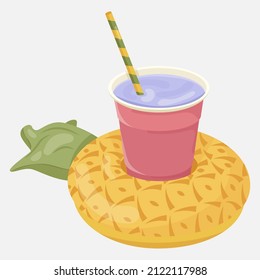 Pineapple Shaped Inflatable Mattress icon with cocktail for pool party, beach holiday and hotel vacation. Vector illustration