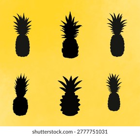 Pineapple Silhouette Collection. Tropical Fruit Icon Set. Minimal Black Botanical Illustration. Exotic Summer Vector Design.