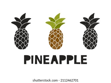 Pineapple, silhouette icons set with lettering. Imitation of stamp, print with scuffs. Simple black shape and color vector illustration. Hand drawn isolated elements on white background