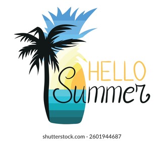 Pineapple Silhouette with Palm and text Hello Summer. Sunset of blue yellow stripes in tropical Fruit with black Tree crown. Handwritten Lettering for seasonal cards. Retro. Vector illustration.