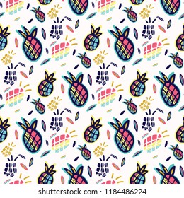 Pineapple Silhouette Seamless Vector Pattern Background, Hand Drawn Ananas Illustration for Summer Scrapbooking, Gift Wrap, Trendy Fashion Prints, Beach Apparel, Stationery, Tropical Color Backdrops