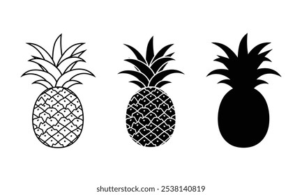 Silhueta de abacaxi vetor ilustração conjunto, ícones de frutas tropicais, preto Abacaxi ilustração vetor colorido abacaxi fruta desenho desenhos isolados em fundo branco.