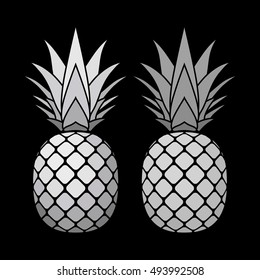 Pineapple silver icons set. Tropical fruits isolated on black background. Symbol of food, sweet, exotic and summer, vitamin, healthy. Nature logo. Flat concept. Design element Vector illustration