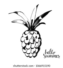 Pineapple sketch hand drawn icon isolated on white background. Hello summer handwriting font 