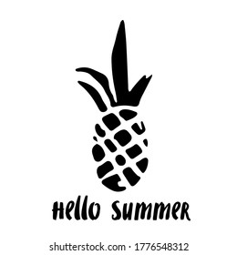 Esbozo de piña dibujado a mano. Icono, logotipo. Frutos tropicales aislados de fondo blanco. Texto escrito a mano Hola verano