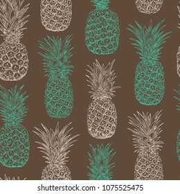 Pineapple sketch seamless pattern. Hand drawn vector illustration.