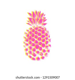 Pineapple sketch sign bright vibrant color hand drawn exotic fruit sketch, glitch effect, retro wave illustration, vector image isolated on white background, good for tee shirt design, surface print.