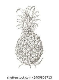 Pineapple, sketch in vintage style. Ananas, whole tropical fruit, retro detailed ink drawing, outlined contoured etching, engraving, woodcut. Drawn vector illustration isolated on white background