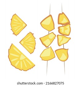 Pineapple skewers and slices on white background