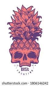 Pineapple skull best vacation typography t-shirt print. Tropical fruit head bone summer vector illustration.