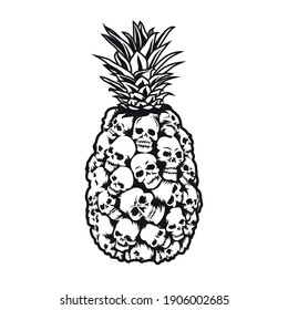 Pineapple skull emblem design. Monochrome element, fruit with skeleton heads pattern vector illustration. Summer tropical party concept for symbols or tattoo templates