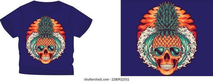pineapple skull goust t-shirt design background color is a blue and t-shirt color is a blue beautiful color and beautiful design