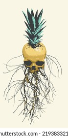 pineapple with a skull instead of a fruit. vector collage of human skull with tree roots and leaves. Creative illustration in grunge style, t-shirt print, graffiti