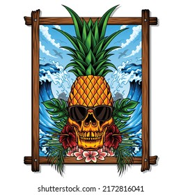 pineapple skull and ocean with wooden frame vector illustration