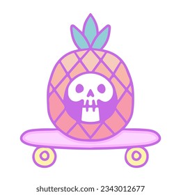 Pineapple skull on skateboard, illustration for t-shirt, sticker, or apparel merchandise. With doodle, retro, groovy, and cartoon style.