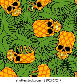 Pineapple skull pattern seamless. Skeleton head and tropical fruit background. tropical leaves texture