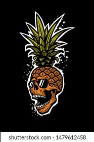 Pineapple skull in a sunglasses, tee shirt graphics on a dark background.