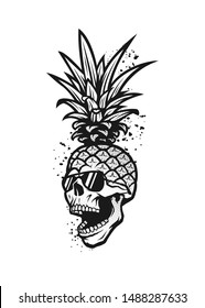 Pineapple skull in a sunglasses, tee shirt graphics.