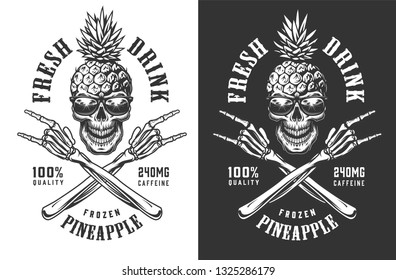 Pineapple skull in sunglasses vintage label with crossed skeleton hands showing rock gestures in monochrome style isolated vector illustration