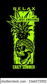 Pineapple skull, tee shirt graphics on a dark background.