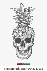 Pineapple skull. Template for your design works. Engraved style vector illustration.
