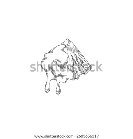 Pineapple slice in melted chocolate hand drawn vector engraved illustration. Sweet snack, fondue sketch. Tropical tasty fruit, ananas piece in dripping cheese. Natural dessert ink style isolated
