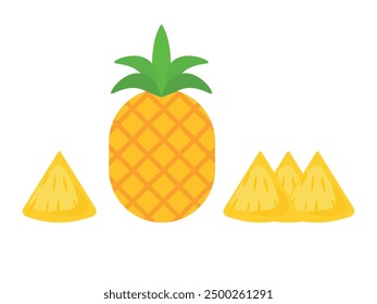 pineapple and slice on isolated white background. Tropical fruit. tasty product. Whole pineapple with its green spiky crown and a single slice of pineapple, Tropical Summer Fruit Icon clip art vector.