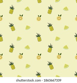 Piña y trozo de sandía y limón ilustran a la perfección el patrón sin fisuras.Ideal para textiles, tela, papel de envoltura, motivos cerámicos.